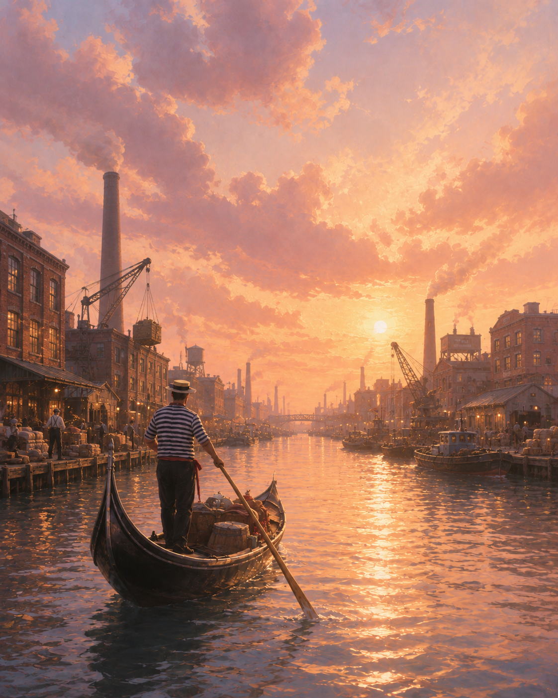 A gondolier rowing a gondola through an industrial waterfront at sunset